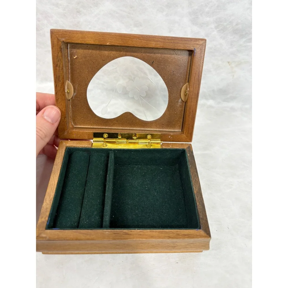 Vintage Wooden Jewelry Box Heart Etched Glass Floral Inlay Green Velvet Lining